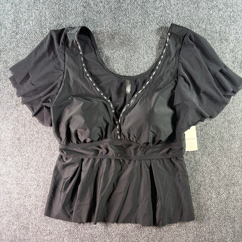 Curvagile Swim Top Women Size 1 Black Ruffle Sleeve Peplum Tankini NWT Plus Size